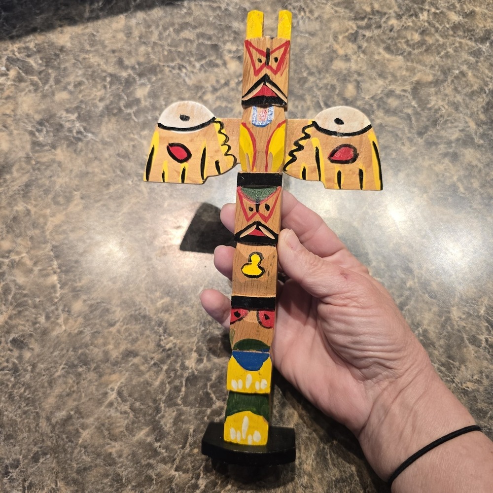 Vintage colorful Totem Pole 10 " painted wood wings move